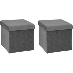 Atmosphera Poef/hocker/voetenbankje - 2x - opbergbox - fluweel donkergrijs - PU/MDF - 31 x 31 x 31 cm - opvouwbaar