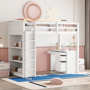 Hoogslaper 90 X 200 cm met opbergkasten en computerbureau, multifunctioneel hoogslaper voor kinderen van hout in de kleur wit