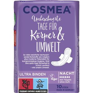 Cosmea®| 10 x ultra dun maandverband | nacht | met vleugels | parfumvrij | vegan