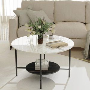Moderne Ronde Salontafel met 2 Laags Tafelblad - Witte Gesinterde Steen en Mat Zwart Frame - 80 cm Hoogglans Met Knikkereffect