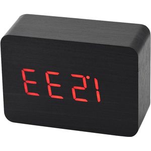 Houten LED Wekker met Alarmfunctie, Spraakbesturing en Continu Licht - Digitale Bureauthermometer en Timer (Zwart hout + rood licht)
