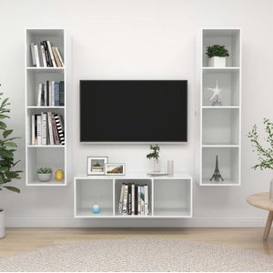 The Living Store Televisiewandmeubelset - Hoogglans wit - 1 tv-meubel- 37x37x107 cm - 2 tv-meubels- 37x37x142.5 cm - Spaanplaat