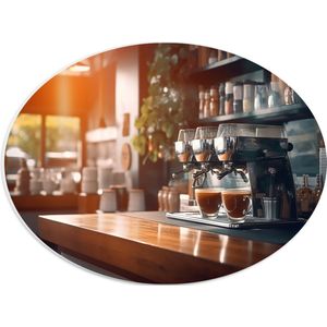 PVC Schuimplaat Ovaal - Koffie - Kopjes - apparaat - Tafel - Hout - 40x30 cm Foto op Ovaal (Met Ophangsysteem)