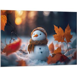 Vlag - Sneeuwpop met Bruine Sjaal en Muts in de Sneeuw tussen de Herfstbladeren - 100x75 cm Foto op Polyester Vlag