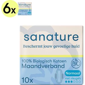 Sanature Bio - 100% Katoenen Maandverband Normaal met vleugels - 6x10 - Natuurlijk en voor de gevoelige huid