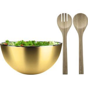 Salade schaal met sla couvert - RVS/bamboe - goud - serveerschaal - D29 x H14 cm