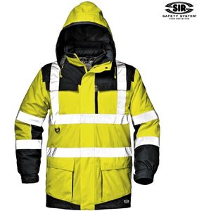 REGIMENTAL SPLIT Werkjas, Hi-Vis Geel/Zwart Veiligheidsjas - ademend waterdicht - EN ISO 20471 klasse 3 - EN 343 3:1 - Supersoft Clipper-Tex stof - 100% polyester - vier-in-één model - dubbele reflecterende band - verstelbare elastische manchetten