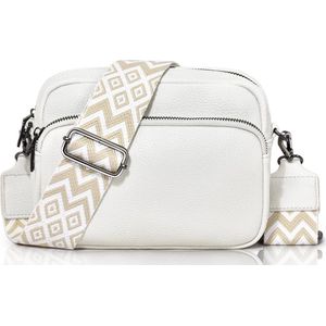 Crossbody tas voor dames - Wit/creme - 22 x 16 x 8 cm - Met aztec schouderriem - Schoudertas voor vrouwen - Verstelbare schouderband - Handtas met ritsen - Waterbestendig - Zilveren hardware - Telefoontas - Festivaltas - PU leer