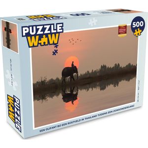 Puzzel Een olifant bij een rijstveld in Thailand tijdens een zonsondergang - Legpuzzel - Puzzel 500 stukjes