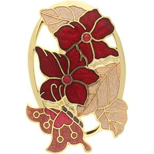 Behave® Broche bloemen en vlinder rood bruin - emaille sierspeld -  sjaalspeld