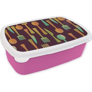 Broodtrommel Roze - Lunchbox - Brooddoos - Keukengerei - Patroon - Retro - 18x12x6 cm - Kinderen - Meisje