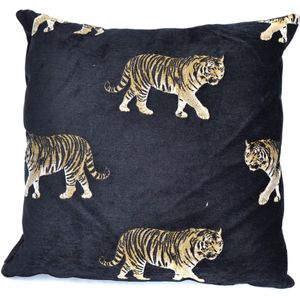 Sierkussen - Woonkussen Tijger , Goud, Zwart, En Brons Ingeweven, Velvet Kussen. Safari, Dierenprint, Tijger, Olifant, Giraffer, Pant