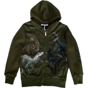 Kinder vest met Dino Dinosaurus full color print | Capuchon | Kleur legergroen | Maat 92 | Sweatvest | T-rex | Supermooi!