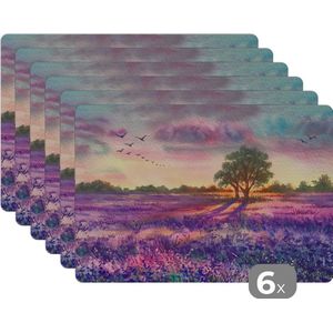 Placemat - Placemats kunststof - Lavendel - Verf - Vogels - Bomen - Paars - 45x30 cm - 6 stuks - Hittebestendig - Anti-Slip - Onderlegger - Afneembaar