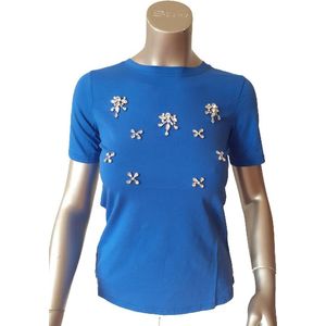 Shirts-dames-korte mouw- met kunst sierstenen- in bloemvorm- ronde hals-kleur blauw