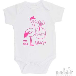 100% katoenen Romper Aankondiging Zwangerschap ""Baby on the way""! 2.0"" Ooievaar Meisjes Katoen Wit/roze Maat 62/68