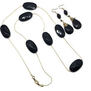 Behave Sieradenset - ketting en oorbellen - zwart - goud kleur - lange ketting - oorhangers - 2delig