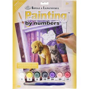 Schilderen op nummer - Paint by numbers - Dieren - Hond en poes kijken uit het raam naar een muisje 22x30cm - Schilderen op nummer volwassenen - Paint by numbers volwassenen
