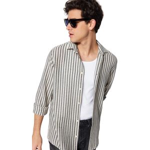 Trendyol Premium Stone Regular Fit Gestreept Getextureerd Linnen Look Overhemd Tmnss23Go00062