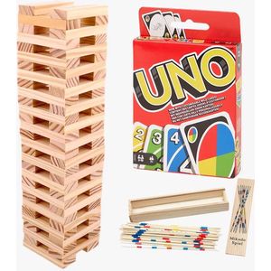 Spellen Set - Jenga - Uno - Mikado - 60 blokken spel - Kaartspel set - Japans Mikado spel - Vakantie spellen