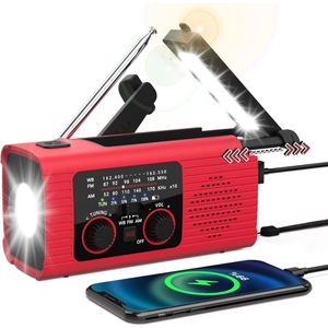 Noodradio 4000,4000 mah zonne aangedreven manuele fm /AM radio met oplader voor mobiele telefoon, LED zaklamp, leeslampje, noodalarm, binnen/buiten noodhoofdtelefoonaansluiting, usb-oplaadfunctie rood