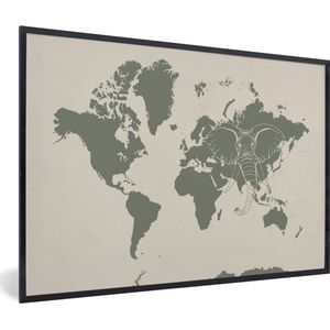 Fotolijst incl. Poster - Wereldkaart - Dieren - Olifant - 90x60 cm - Posterlijst