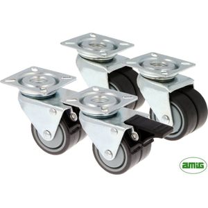 AMIG - Dubbele zwenkwielen Ø50mm - geen Rem / met Rem - 180-270KG Draagvermogen – Hoogte 71mm - Transportwielen - Set van 4