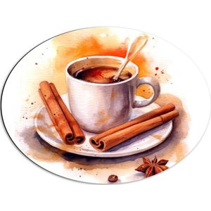 Dibond Ovaal - Koffie met Kaneel in Wit Kopje - 68x51 cm Foto op Ovaal (Met Ophangsysteem)