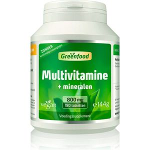 Greenfood Multivitamine + Mineralen, 800 mg, hoge dosering, 180 tabletten - Met hoge biologische beschikbaarheid. Zonder kunstmatige toevoegingen. Veganistisch. GMO-vrij.