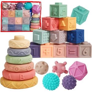 Montessori-speelgoed, 23 stuks, zachte stapelblokken voor baby's van 6 tot 12 maanden, Montessori-speelgoed van 1, 2, 3 jaar, oude bouwstenen, 6 maanden en hoger