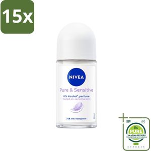 15 x NIVEA - Deodorant Roller - Puur & Gevoelig - Anti-Transpirant - 50 ml - Grootverpakking - NIVEA Deodorant - Anti-transpirant - Gevoelige Huid - Deodorant Roller - Kamille