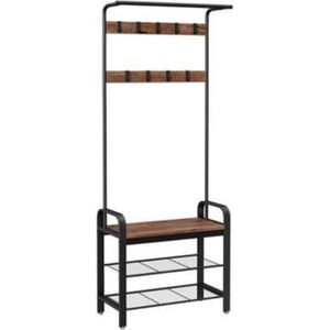 Segenn's garderobe - garderobe - schoenenrek met zitting - garderobe met 9 afneembare haken - bank - 2 roosterplanken - 183 cm hoog - industrieel design - Hazelnootbruin-Zwart