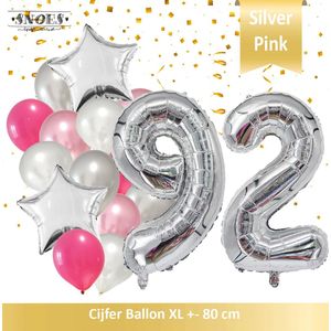 Cijfer Ballon 92 Jaar Zilver Roze White Pearl Boeket * Hoera 92 Jaar Verjaardag Decoratie Set van 15 Ballonnen * 80 cm Verjaardag Nummer Ballon * Snoes * Verjaardag Versiering * Verjaardag Decoratie * Silver Pink Pearl White* Nummer Ballon 92