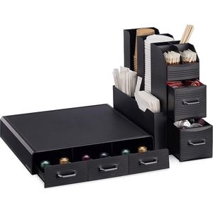 koffie organizer en capsulehouder - Voor max 48 capsules - Koffiecuphouder met 3 lades - Met bakjes voor capsules suiker melk en theezakjes