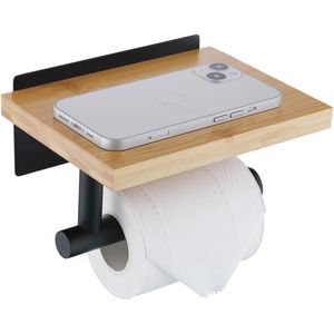 Toiletpapierhouder met Natuurlijke Bamboe Plank en Roestvrij Stalen Bevestiging - Zelfklevend of Wandmontage, Mat Zwart