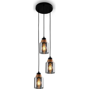 BRILONER - ROYK - 3-lichts hanglamp, gerookt glas, plafondlamp, plafondlamp, lamp, woonkamerlamp, lampenkap van gerookt glas, hanglamp, kroonluchter, slaapkamerlamp, zwart-hout
