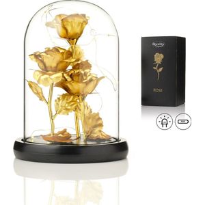 Luxe Roos in Glas met LED – 3x Gouden Roos in Brede Glazen Stolp – Moederdag - Cadeau voor vriendin moeder haar - Goud 3x Roos Brede Stolp – Qwality