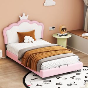 Sweiko Kinderbedkussen bed 90*200cm, Met Platte Noedelsvoet en rugleuning, Meisjesbed, kroonvorm, Roze (excl. matras)