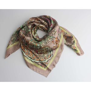 Seline bandana- Accessories Junkie Amsterdam- Dames- Halsdoek- Sjaaltje- Imitatie Zijde- Paisley print- 70x70cm- Taupe groen geel oranje roze