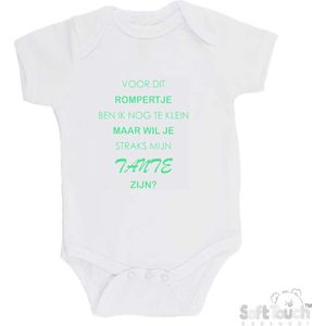 100% katoenen Romper ""Voor dit rompertje ben ik nog te klein maar wil je straks mijn Tante zijn? "" Unisex Katoen Wit/mint Maat 56/62