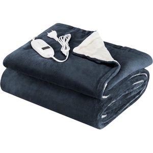 Warmtedeken Oplaadbaar - Verwarmde Deken XXL - Met - Mouwen - Wasbare Elektrische Deken - Met - 9 Standen - En - Timer - 195x125cm - Donkerblauw/Crème