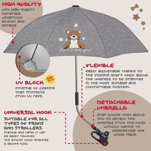 Kinderwagenparasolparaplu met universele houder - Kinderwagenparaplu verstelbaar met UV-bescherming tegen de zon - Kinderwagenparaplu met handmatige opening - Diameter 68 cm - Perletti (Teddybeer)