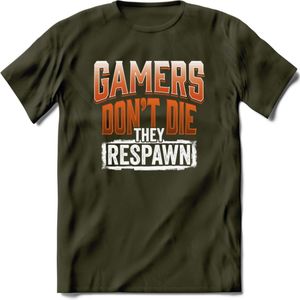 Gamers don't die T-shirt | Oranje | Gaming kleding | Grappig game verjaardag cadeau shirt Heren – Dames – Unisex | - Leger Groen - S