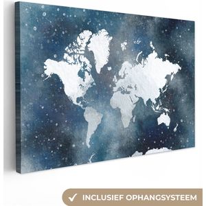 Canvas Wereldkaart - 140x90 - Wanddecoratie Wereldkaart - Sterrenhemel - Waterverf