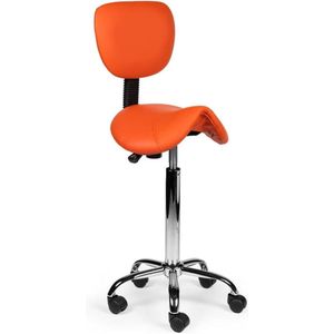 Zadelkruk Rugleuning Hoog Oranje - Zithoogte 70/84cm - kruk op wielen - krukje - werkkruk - zadelkruk - bureaukruk - kapperskruk - verstelbaar - draaikruk - tabouret - zadelkruk met rugleuning - tot 160kg