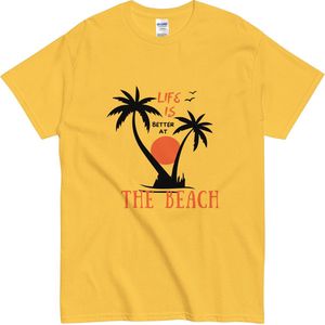 Zomers T Shirt - Life is Better at the Beach - Dames en Heren - Palmbomen en Zon - Geel - L