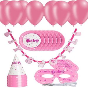 Geboorte feest baby kraamcadeau Slinger 8 bordjes  8 feesthoedjes en 8 roze ballonnen. Meisje dochter.