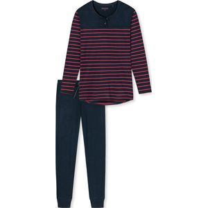 SCHIESSER selected! premium inspiration pyjamaset - dames pyjama lang streepjes boordjes nachtblauwe-rood - Maat: 36