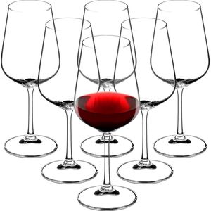 Kristallen rode wijnglazen, set van 6, 450 ml, mooie wijnglazen met hoge steel, rode wijnbekers voor thuis, feest, hoge kwaliteit, brede onderzetter