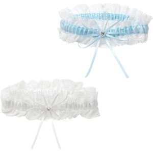 Green Glow - Kousenband set van 2 met kant, strik en strass - elastisch - blauw - bruiloft - geschenk